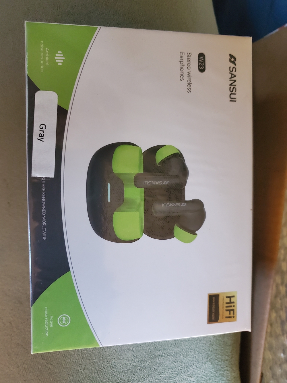 Sansui Gray Earbuds with Neon Green Accents and Charging Case
